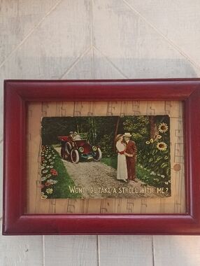 Wont you take a stroll with me ?Antique Postcard Nostalgia Ephemera W Red Frame